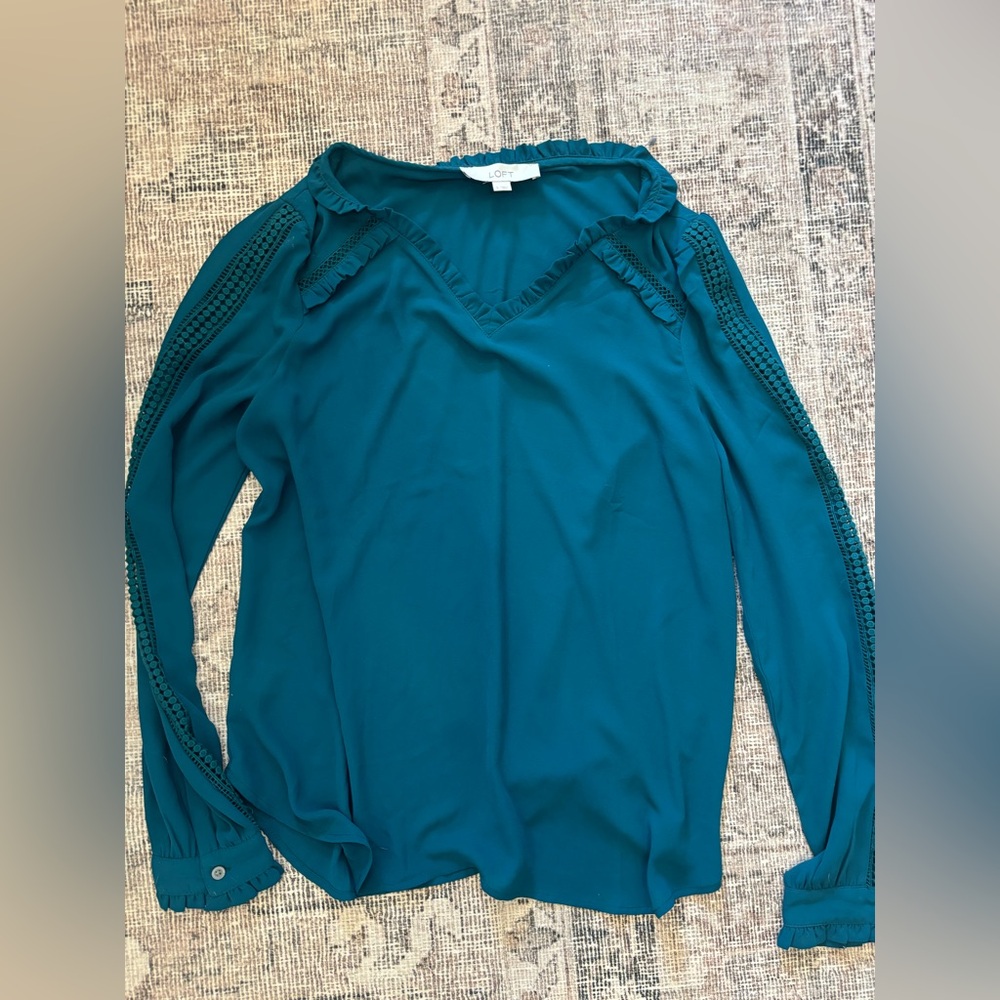 LOFT Teal Ruffle Trim Blouse